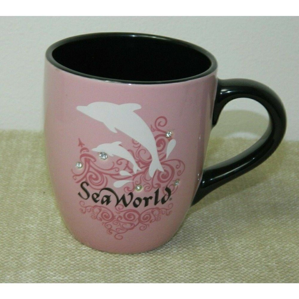 SeaWorld Manatee Mug Pink and Black with Rhinestones Coffee Cup 14 oz‎